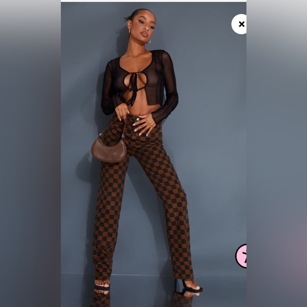 Pretty Little Things BROWN CHECKERBOARD LONG LEG JEANS